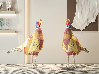 Colorful Bird Figurines On Decorative Shelf With Soft Fabric Background In Living Room 3d model