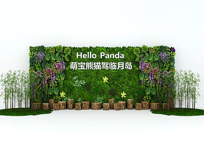 Vibrant Green Plant Wall with Hello Panda Theme Bamboo and Flower Decorations 3d model