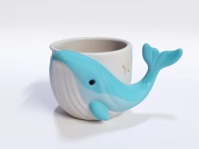 Cute Whale Shaped Ceramic Cup With Blue White Color Star And Tail Design 3d model