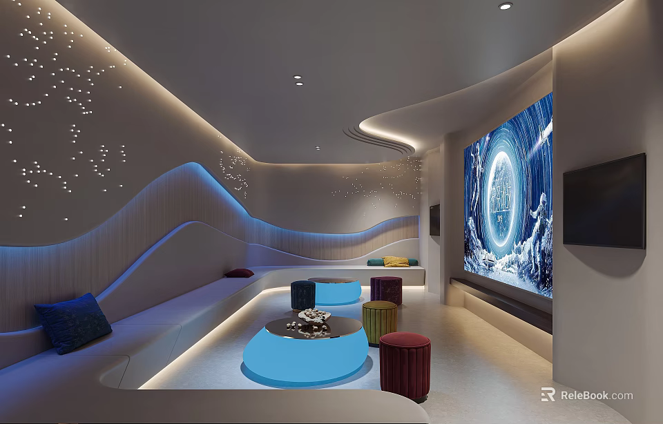Modern Home Theater Interior With Starry Ceiling Curved Walls And Large Screen 3d model 