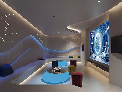 Modern Home Theater Interior With Starry Ceiling Curved Walls And Large Screen 3d model