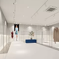 Modern Clothing Store Interior With Marble Reception Counter Blue Seating And Plants