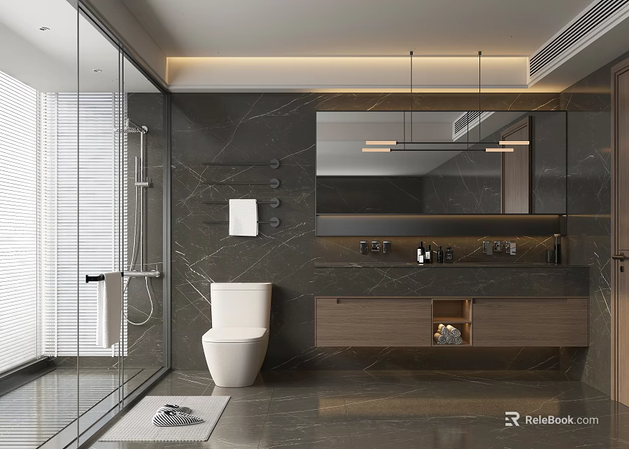Modern Bathroom Interior Design With Glass Shower Gray Marble Walls And White Toilet 3d model 