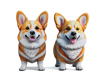 Adorable Cute Corgi Figurines With Smiling Faces Standing On White Background 3d model