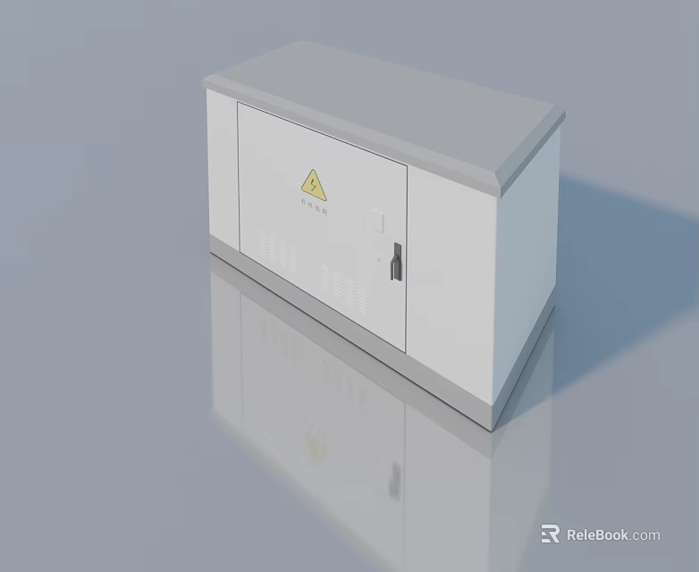 White Electrical Cabinet With Yellow Warning Sign And Smooth Reflective Surface 3d model 