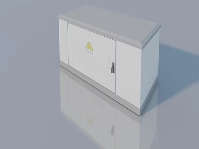 White Electrical Cabinet With Yellow Warning Sign And Smooth Reflective Surface 3d model