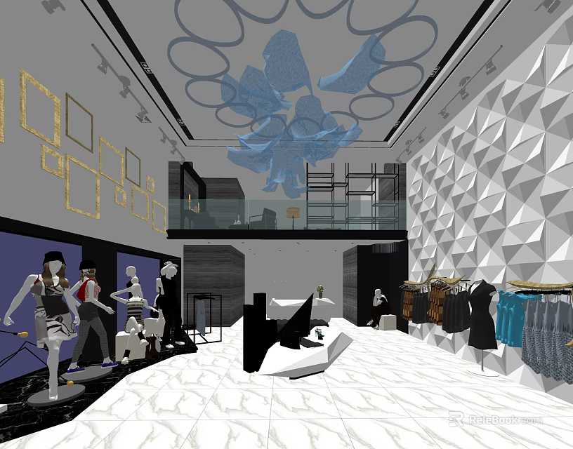 Modern Clothing Store Interior With Fashion Mannequins Clothing Racks Geometric Walls And Ceiling Decorations 3d model 