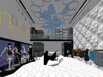 Modern Clothing Store Interior With Fashion Mannequins Clothing Racks Geometric Walls And Ceiling Decorations 3d model