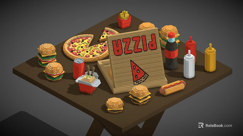 Assorted Fast Food Selection Featuring Pizza Burgers Fries Hotdog And Drinks With Sign 3d model 
