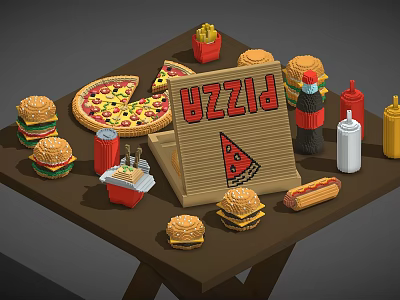 Assorted Fast Food Selection Featuring Pizza Burgers Fries Hotdog And Drinks With Sign 3d model