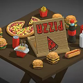 Assorted Fast Food Selection Featuring Pizza Burgers Fries Hotdog And Drinks With Sign