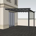 Black Frame Outdoor Patio Awning For Building Exterior With Glass Door And Tiled Flooring