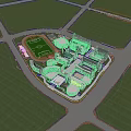 Aerial View of School Campus With Modern Buildings Green Football Field and Trees