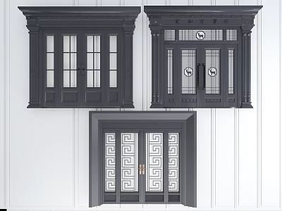 Chinese Traditional Double Doors With Wooden Frames And Decorative Glass Panels 3d model