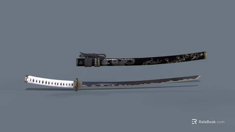 Traditional Samurai Sword With Patterned Blade Black Handle And Sheath Featuring Gold Silver Decorative Patterns 3d model 