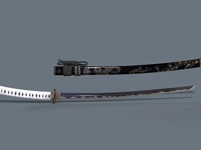 Traditional Samurai Sword With Patterned Blade Black Handle And Sheath Featuring Gold Silver Decorative Patterns 3d model