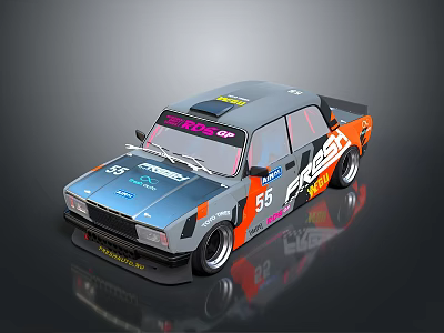 Gray And Orange Modified Race Car With Number 55 Stickers And Racing Livery 3d model