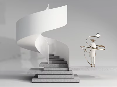 Modern Spiral Staircase With White Gray Material And Golden Sculptural Figure 3d model
