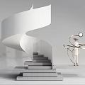 Modern Spiral Staircase With White Gray Material And Golden Sculptural Figure