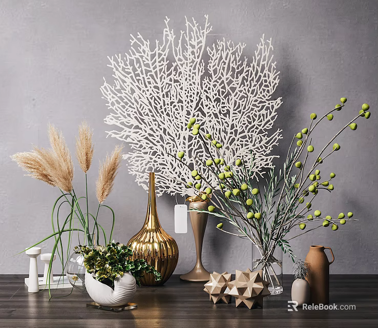 Decorative Ornament Combination With White Coral Golden Vase Green Plants Pampas Grass And Geometric Ornaments 3d model 