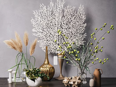 Decorative Ornament Combination With White Coral Golden Vase Green Plants Pampas Grass And Geometric Ornaments 3d model