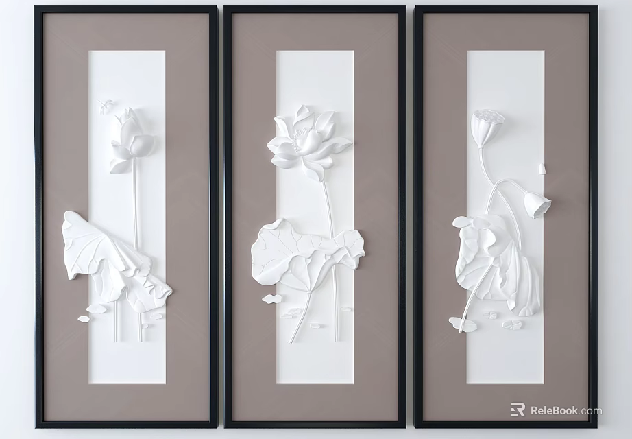 Three Panel Embossed Lotus Flower Leaf Wall Art With Black Frames 3d model