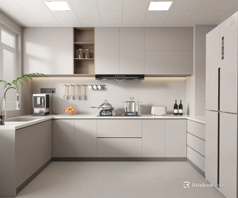 Modern Kitchen Interior Design With White Cabinets Countertop Appliances And Sink 3d model 