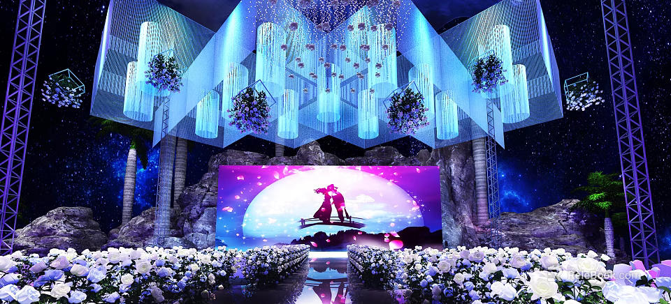 Luxurious Banquet Hall Decor With Hanging Crystal Lights Flower Arrangements And Stage Screen 3d model 