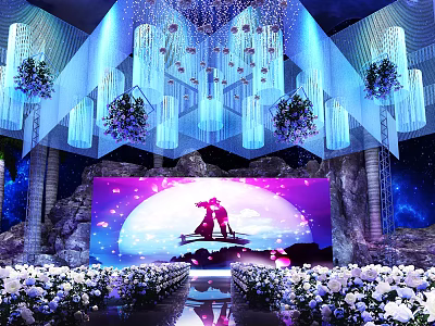 Luxurious Banquet Hall Decor With Hanging Crystal Lights Flower Arrangements And Stage Screen 3d model