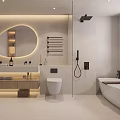 Modern Bathroom Interior With Oval Backlit Mirror Vanity Toilet And Freestanding Bathtub