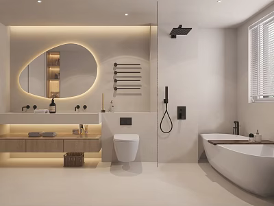 Modern Bathroom Interior With Oval Backlit Mirror Vanity Toilet And Freestanding Bathtub 3d model