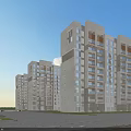 Modern High Rise Residential Building with White Exterior Large Windows Balconies and Blue Sky