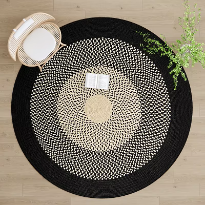 Woven Round Rug with Black Beige Light Brown Concentric Circles by Chair and Green Plant 3d model