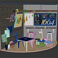 Cartoon Scene of Cozy Café with 106A Sign Tables Chairs Bar Counter and Plants