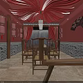Traditional Chinese Dining Room With Red Draped Ceiling Red Lanterns Brick Walls And Wooden Furniture
