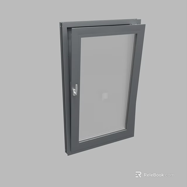 Gray Aluminum Casement Window With Clear Glass Panel And Handle Design 3d model 