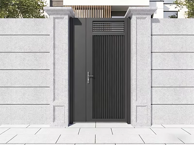 Modern Black Gate With Vertical Slats And Stone Wall Pillars Outdoor Design 3d model