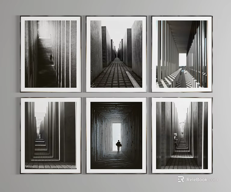 Black and white framed architectural interior photos with corridor staircase and figure 3d model 