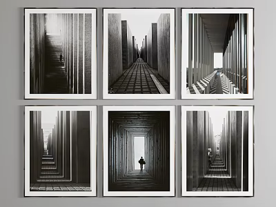 Black and white framed architectural interior photos with corridor staircase and figure 3d model