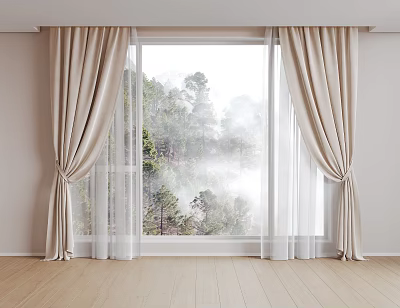 Beige Curtains Framing Bright Window With Misty Forest View And Wooden Floor 3d model