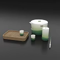 Stylish Green Gradient Tea Set Featuring Wooden Tray Small Cups And Lidded Container 3d model