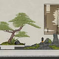Miniature Garden Display With Bonsai Pine Tree Stones Moss Small Figurine And Wall Painting