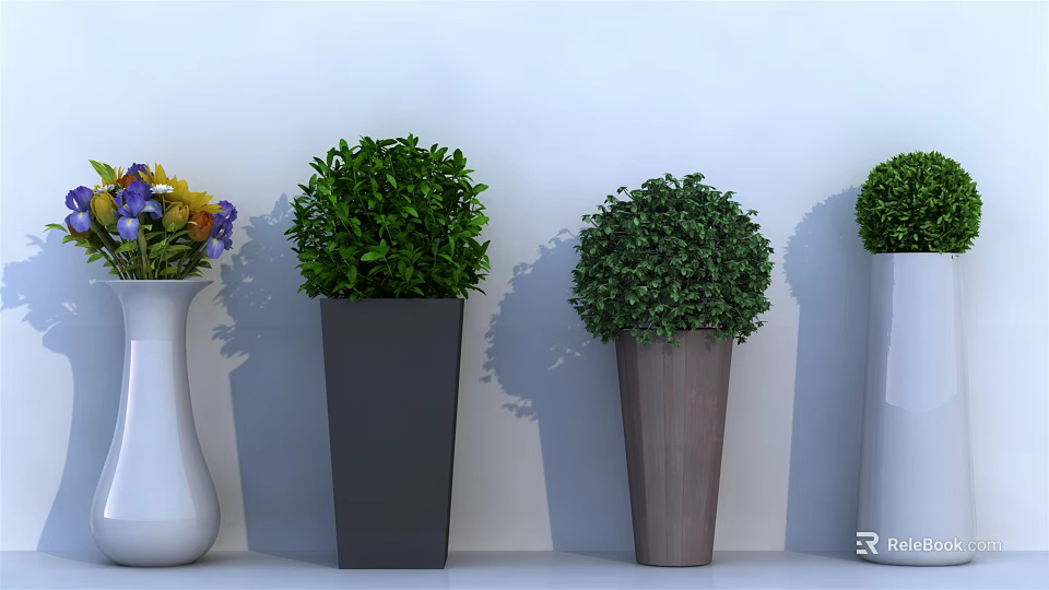 Decorative Potted Green Plants In White Black And Brown Containers With Spherical Foliage 3d model 
