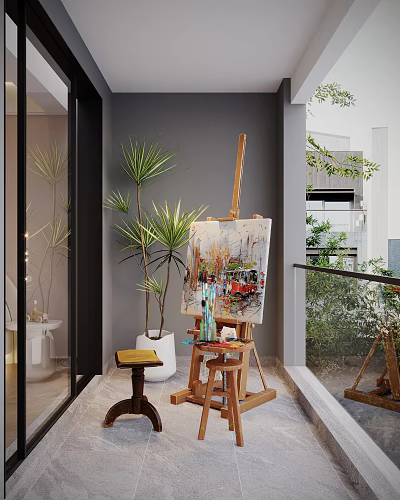 Cozy Home Balcony With Easel Painting Green Plants Small Stool And Railing 3d model