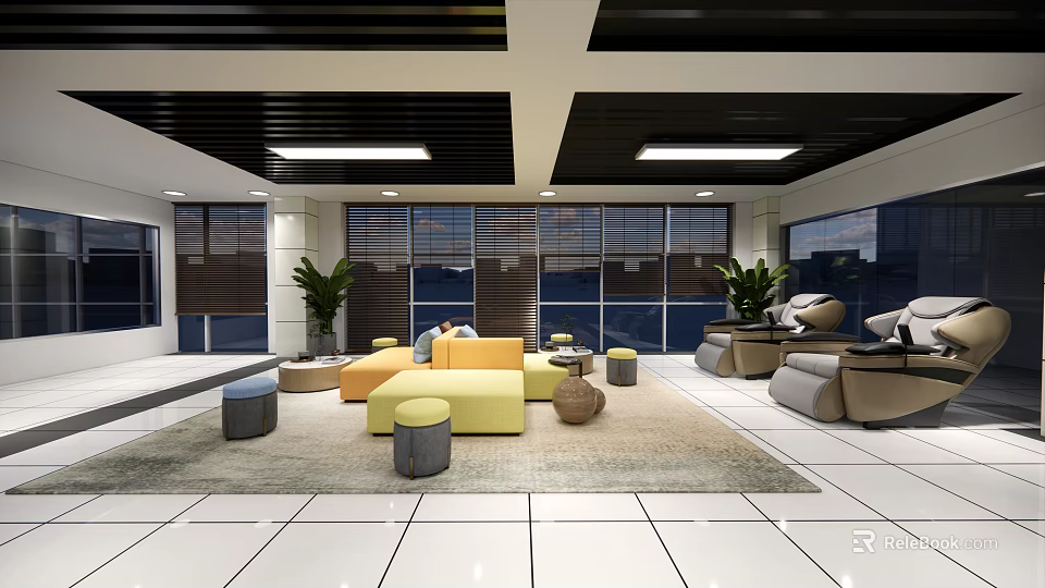 Modern Leisure Area Design With Yellow Gray Sofas Round Stools And Large Windows Plants 3d model 