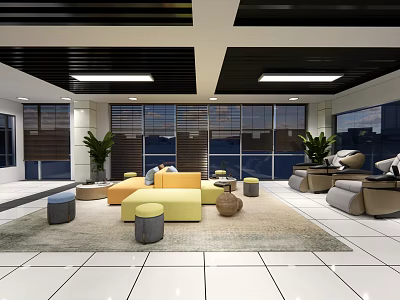 Modern Leisure Area Design With Yellow Gray Sofas Round Stools And Large Windows Plants 3d model