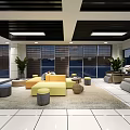 Modern Leisure Area Design With Yellow Gray Sofas Round Stools And Large Windows Plants