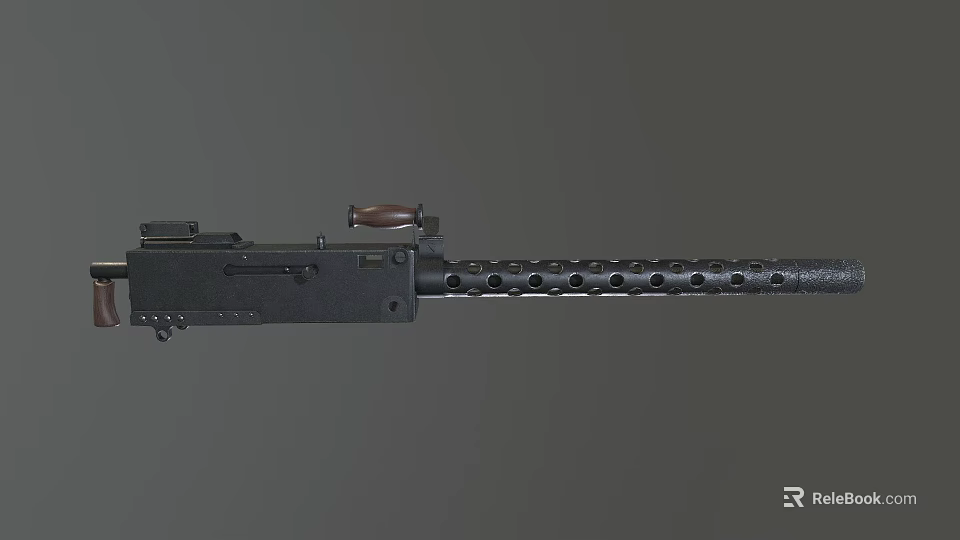 Vintage Machine Gun With Wooden Component Barrel Holes And Metal Body Structure 3d model 