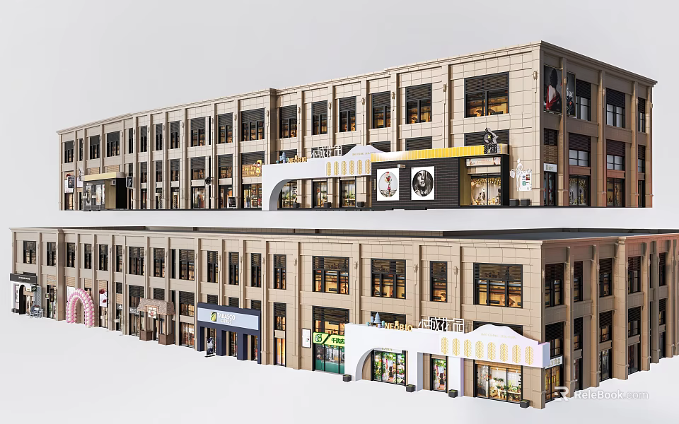 Modern Commercial Street Architectural Design With Retail Shops And Storefronts 3d model 