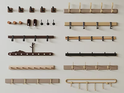 Various Wall Mounted Hooks in Wooden and Metal Designs for Home Organization 3d model